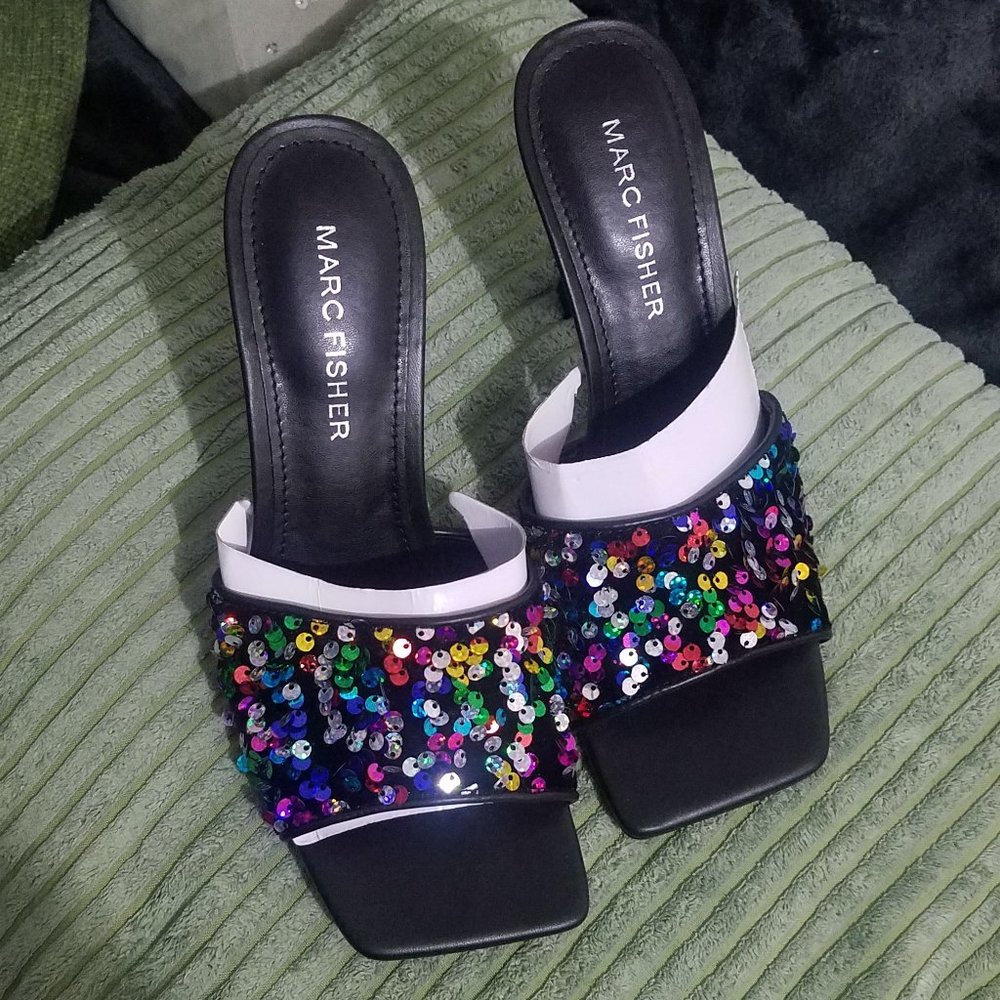 NWT MARC FISHER Women's Danria Sequin Stiletto Heel Dressy Slip-on Sandals